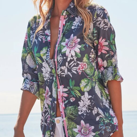 CINO - NWT - MANZANILLO INDIGO BUTTON DOWN BOYFRIEND SHIRT - Picture 1 of 4